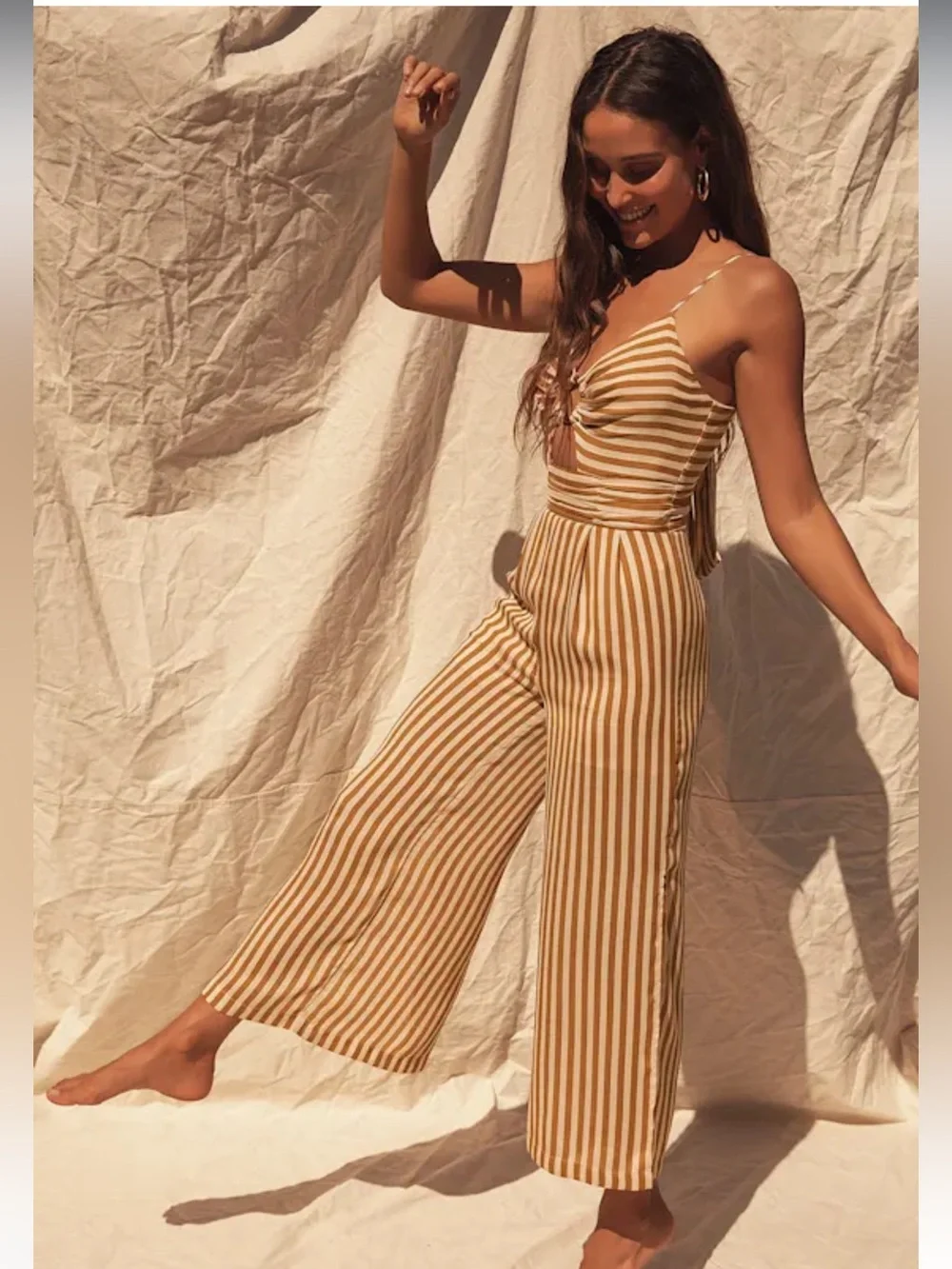 Moon River Ettna Mustard Yellow Striped Cutout Front Wide-Leg Jumpsuit NEW Small